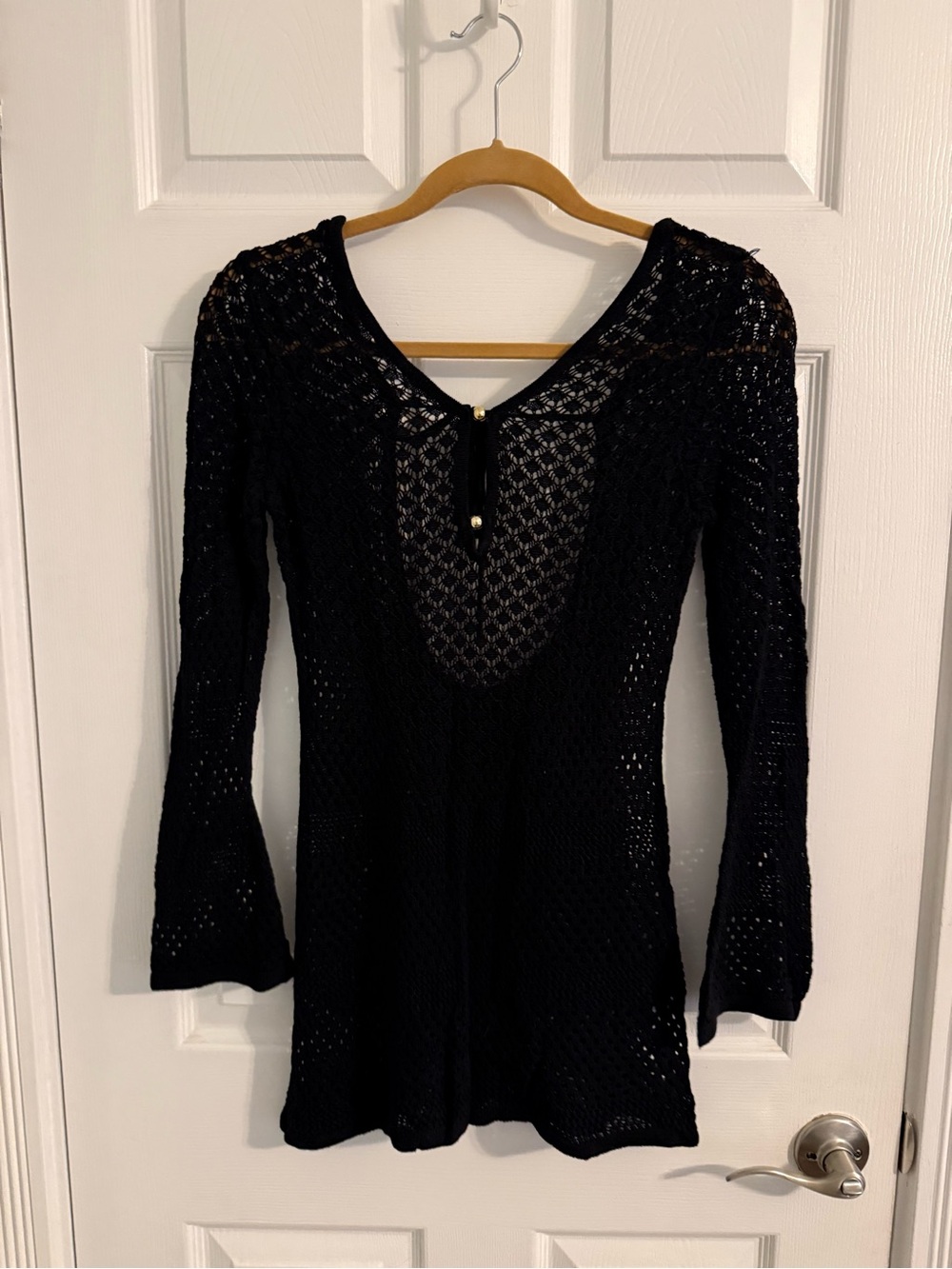 Black Crochet V-Neck Long Sleeve Cover Up Dress